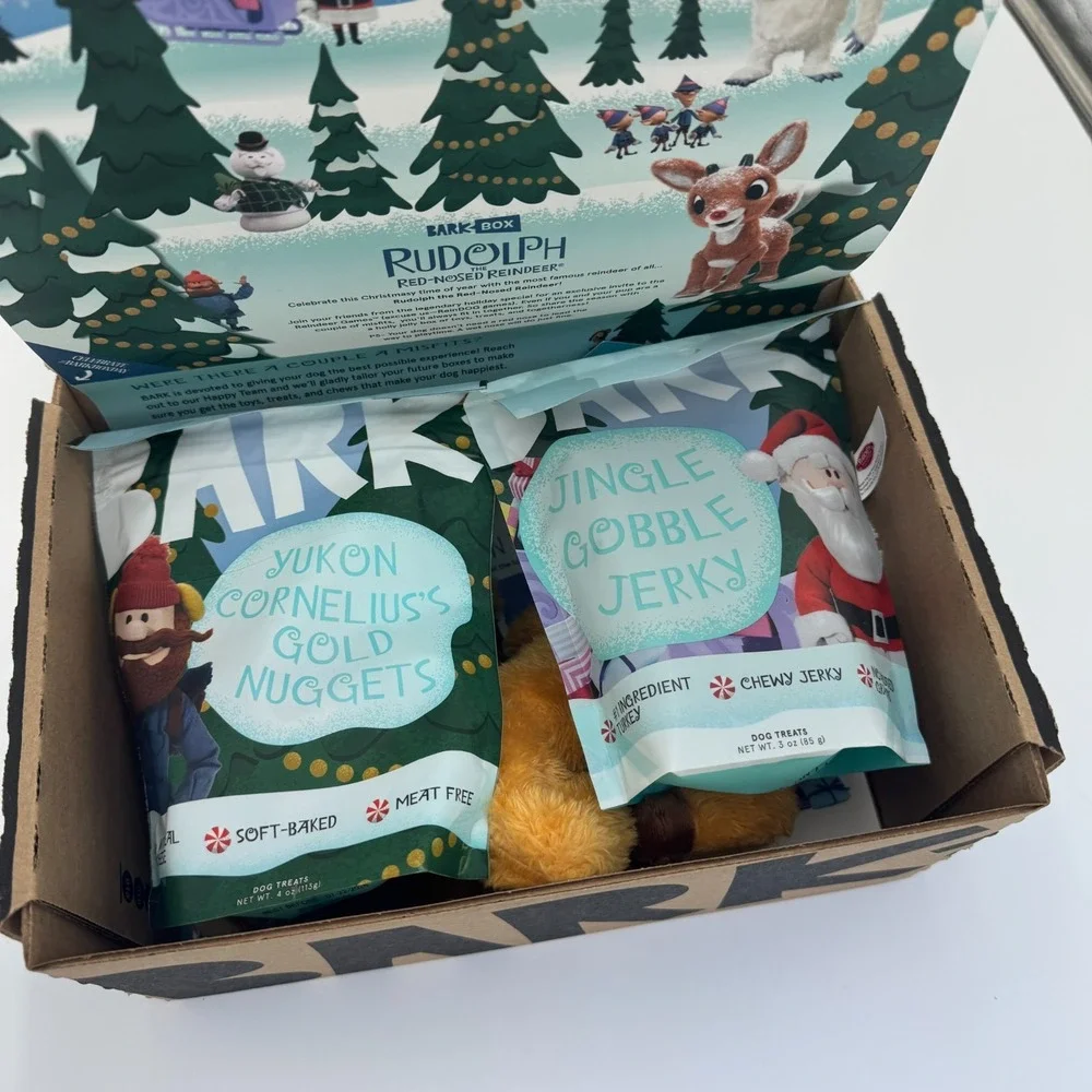 Bark Box Rudolph Red-Nosed Reindeer Holiday Dog Toys & Treats Set NWT